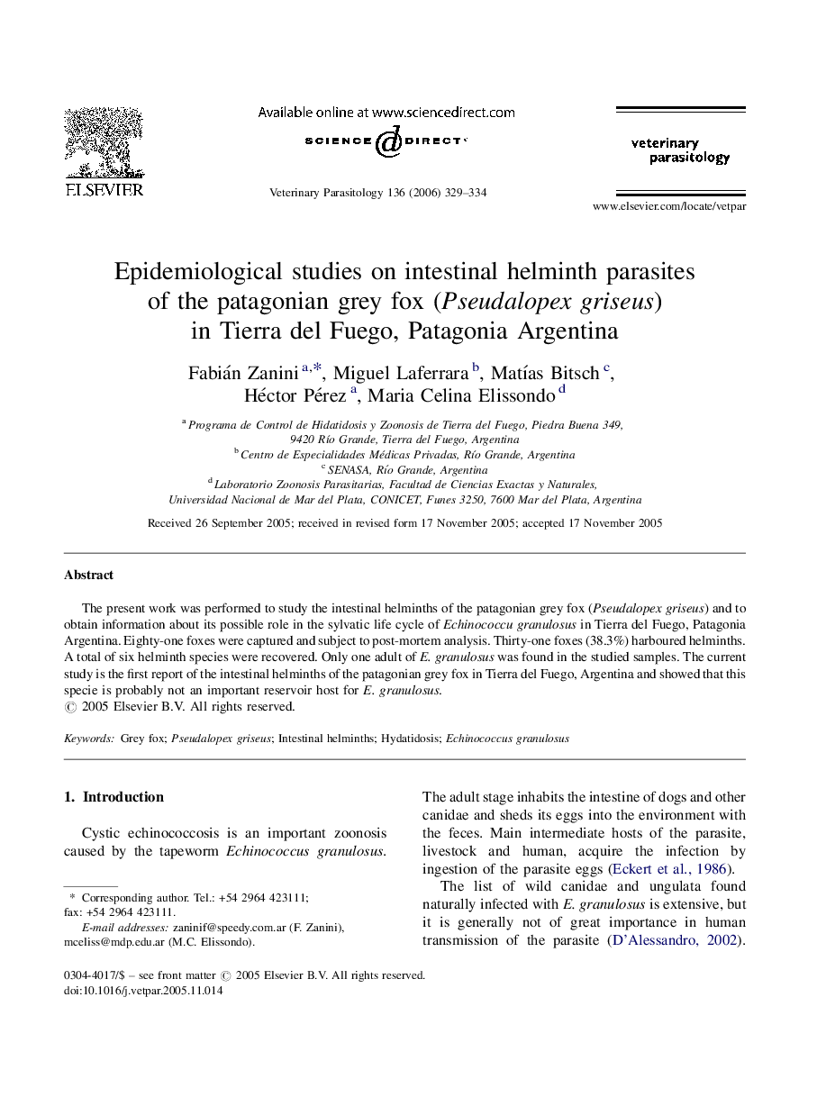 Epidemiological studies on intestinal helminth parasites of the patagonian grey fox (Pseudalopex griseus) in Tierra del Fuego, Patagonia Argentina