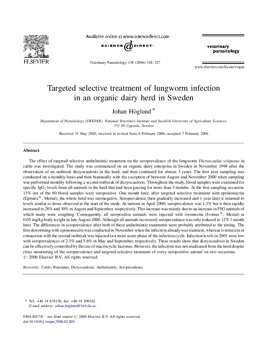 Targeted selective treatment of lungworm infection in an organic dairy herd in Sweden