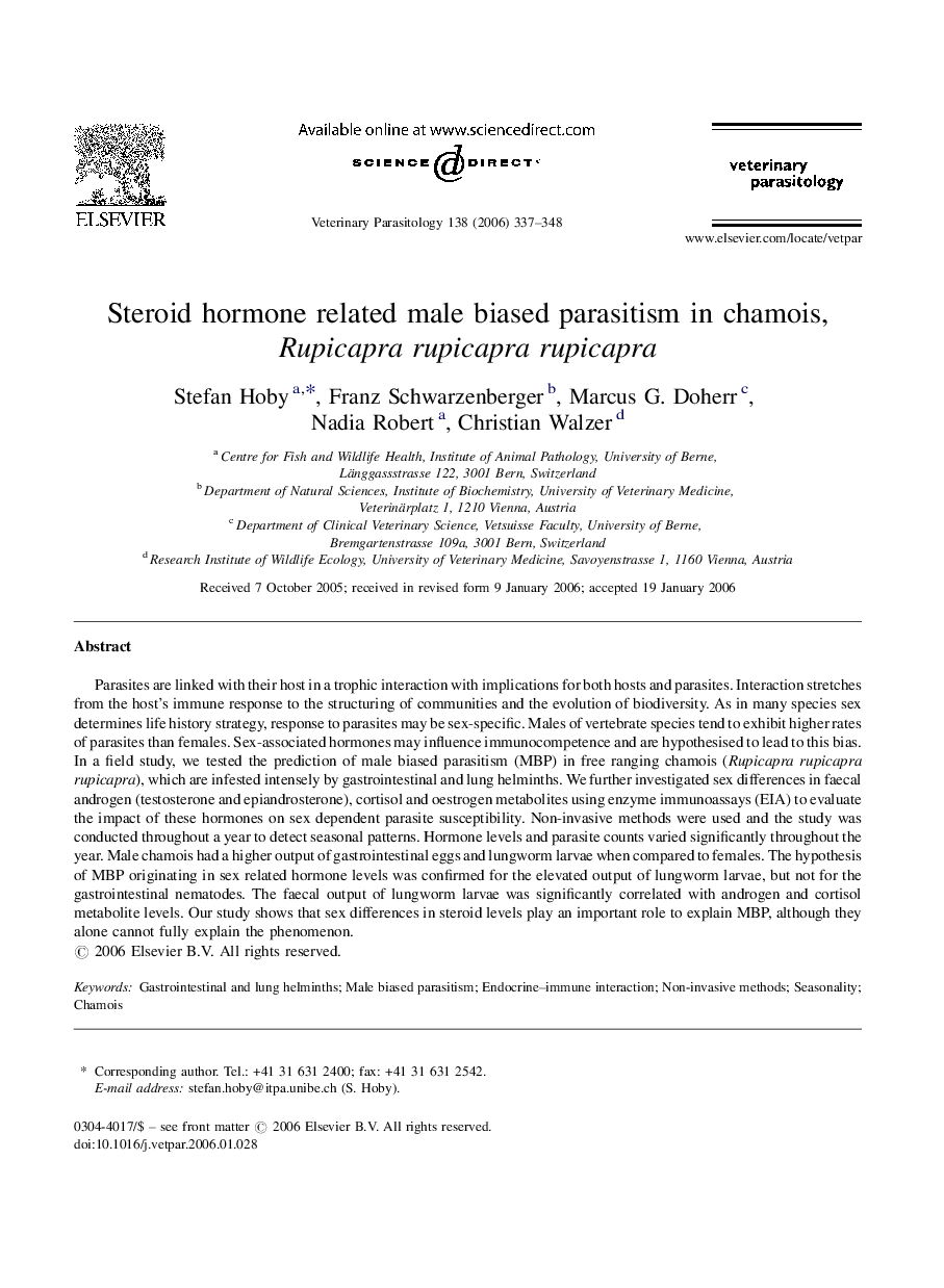 Steroid hormone related male biased parasitism in chamois, Rupicapra rupicapra rupicapra