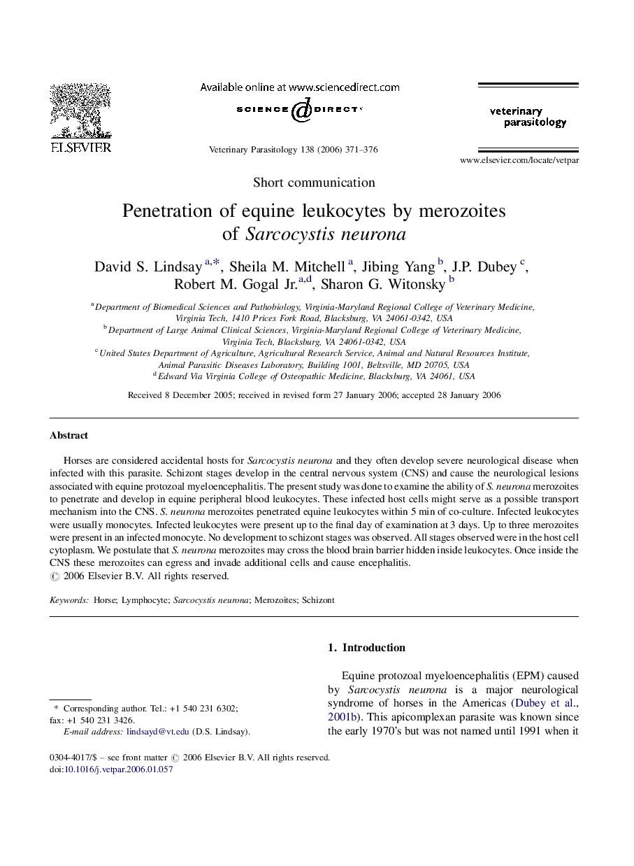 عکس صفحه اول مقاله: Penetration of equine leukocytes by merozoites of Sarcocystis neurona Penetration of equine leukocytes by merozoites of Sarcocystis neurona