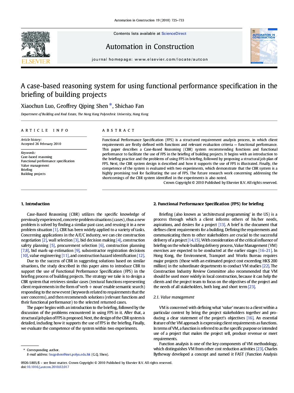 A case-based reasoning system for using functional performance specification in the briefing of building projects