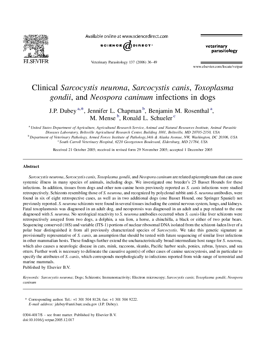 Clinical Sarcocystis neurona, Sarcocystis canis, Toxoplasma gondii, and Neospora caninum infections in dogs