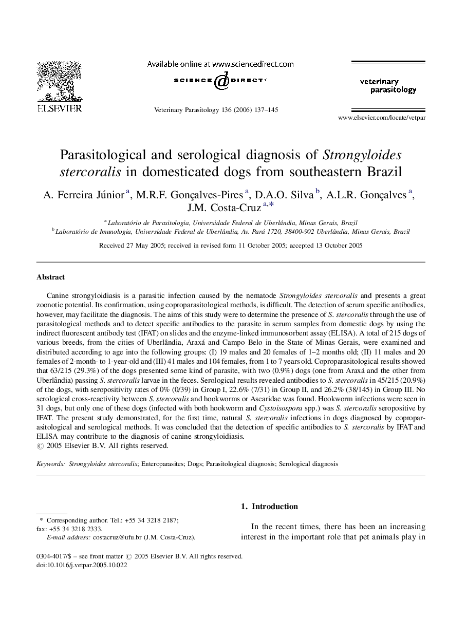 Parasitological and serological diagnosis of Strongyloides stercoralis in domesticated dogs from southeastern Brazil