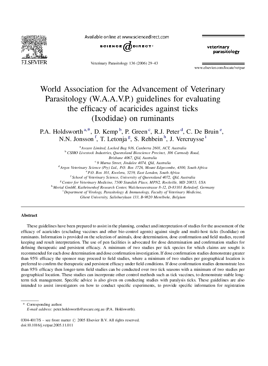 World Association for the Advancement of Veterinary Parasitology (W.A.A.V.P.) guidelines for evaluating the efficacy of acaricides against ticks (Ixodidae) on ruminants