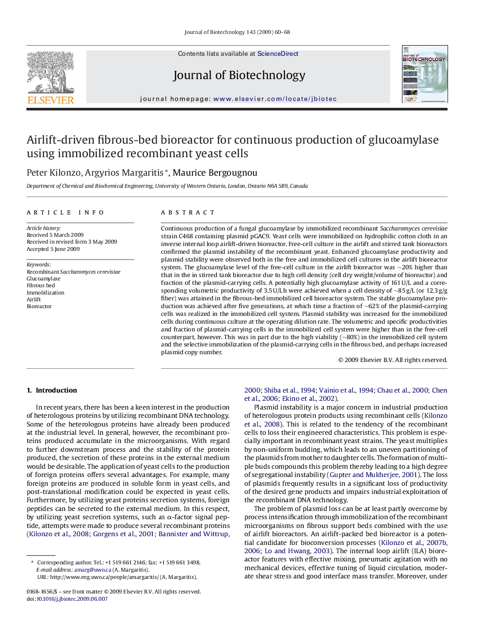 Airlift-driven fibrous-bed bioreactor for continuous production of glucoamylase using immobilized recombinant yeast cells