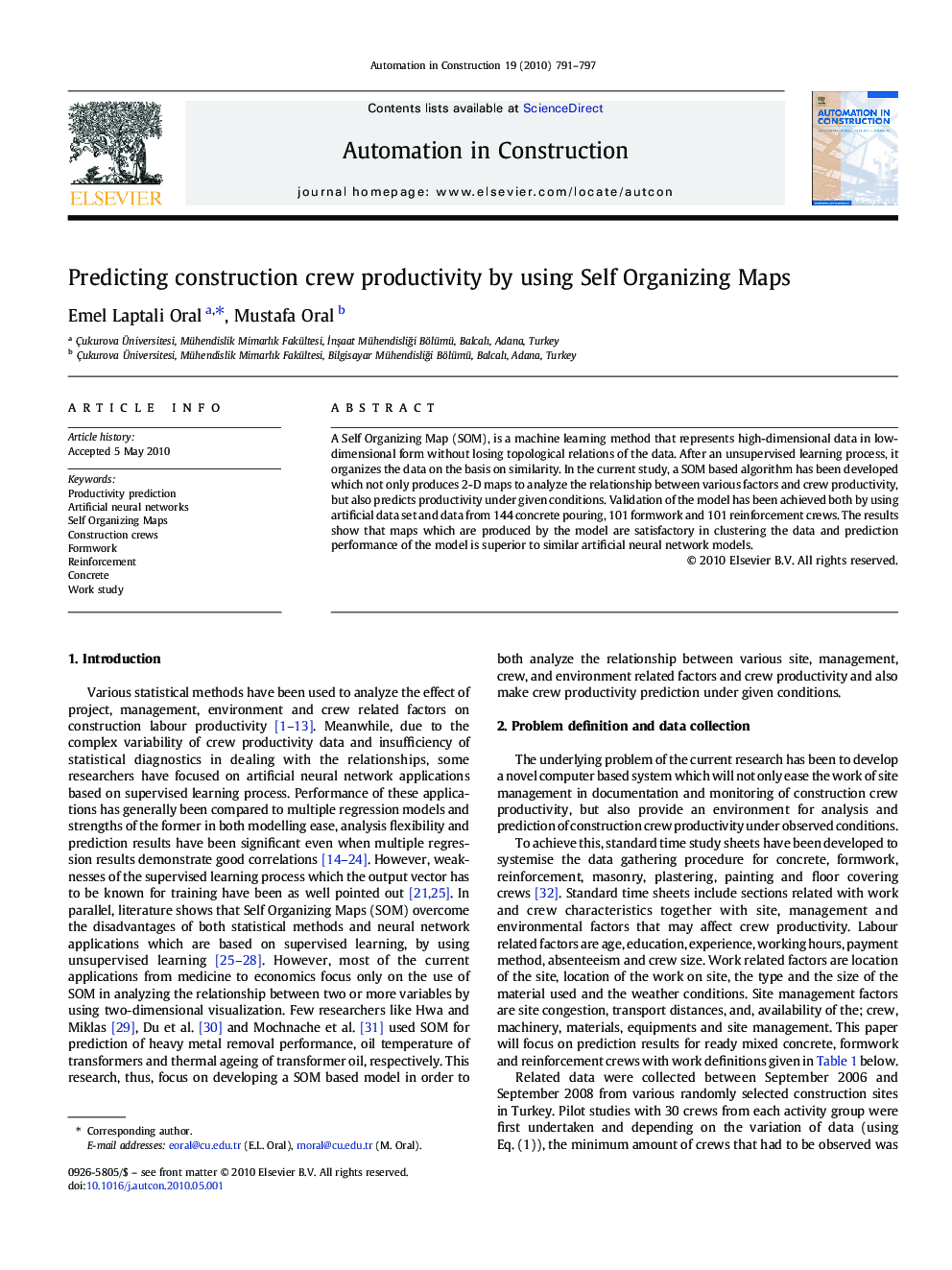 Predicting construction crew productivity by using Self Organizing Maps