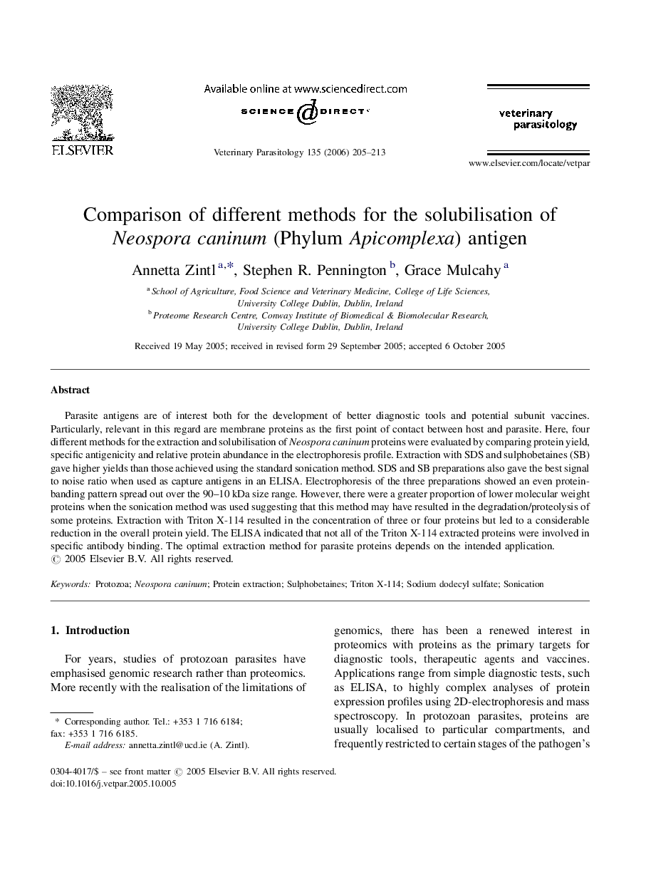 Comparison of different methods for the solubilisation of Neospora caninum (Phylum Apicomplexa) antigen