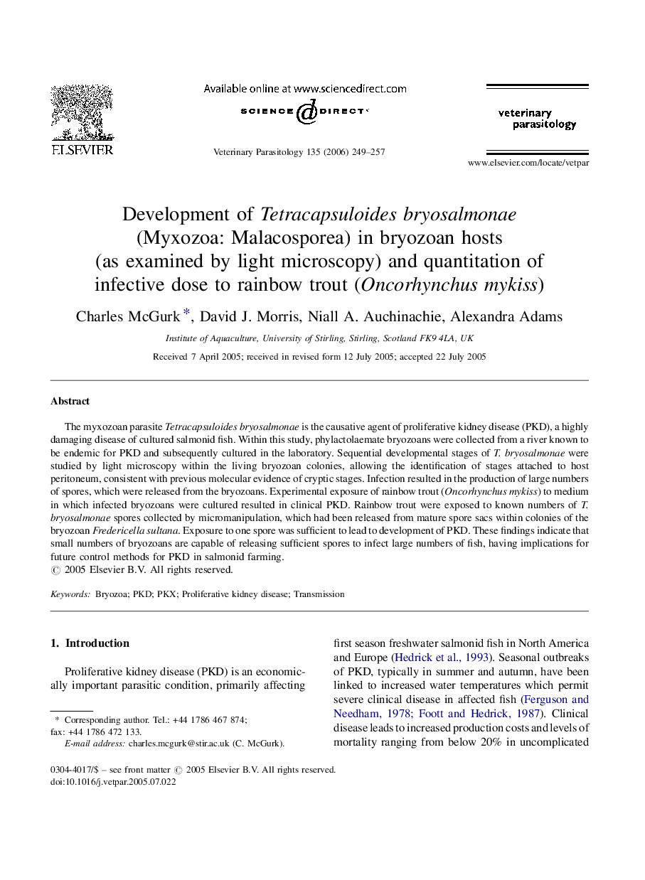 Development of Tetracapsuloides bryosalmonae (Myxozoa: Malacosporea) in bryozoan hosts (as examined by light microscopy) and quantitation of infective dose to rainbow trout (Oncorhynchus mykiss)