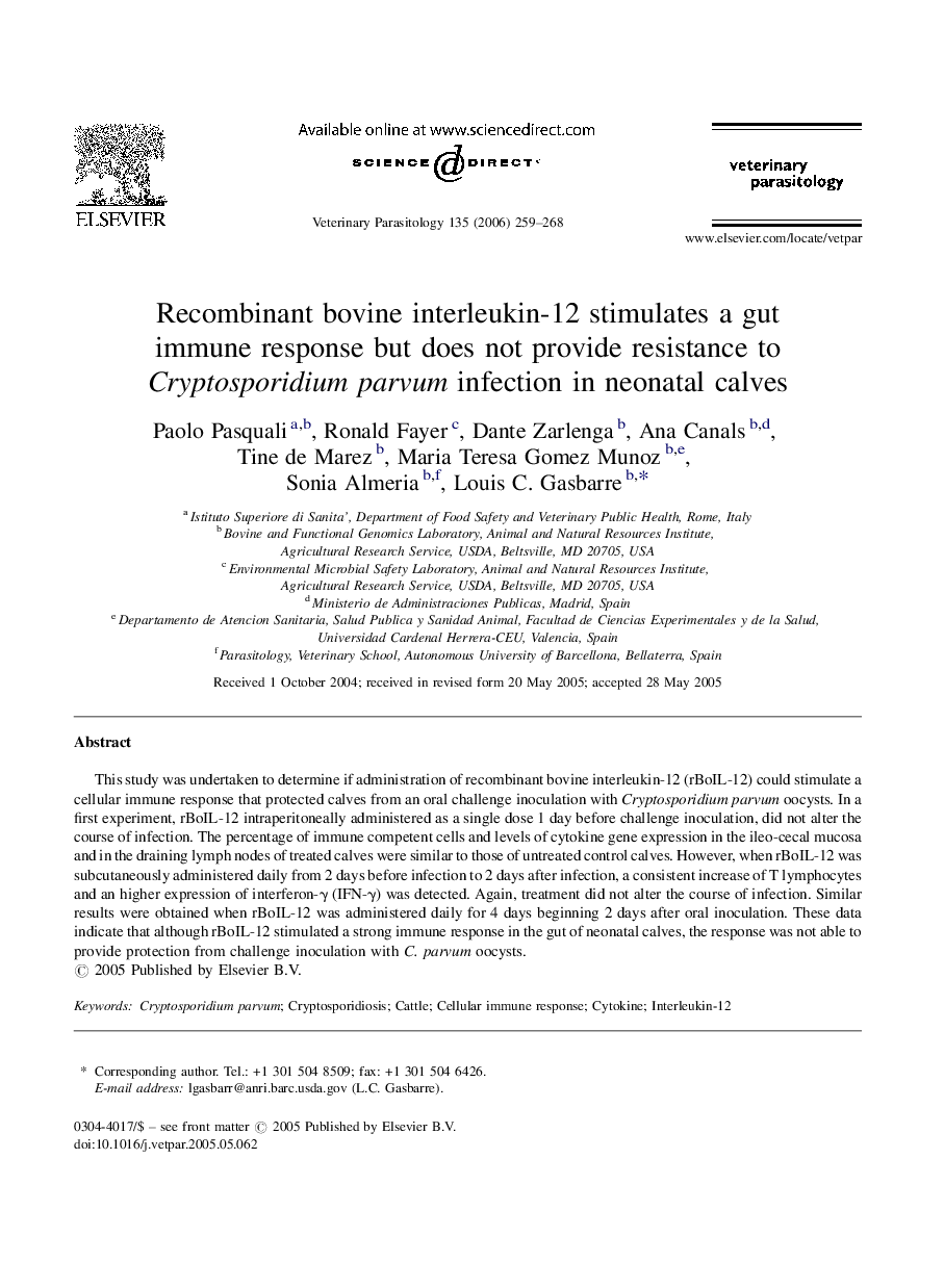 Recombinant bovine interleukin-12 stimulates a gut immune response but does not provide resistance to Cryptosporidium parvum infection in neonatal calves