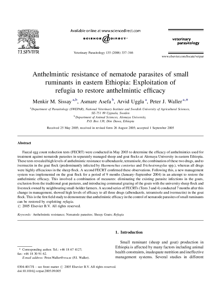 Anthelmintic resistance of nematode parasites of small ruminants in eastern Ethiopia: Exploitation of refugia to restore anthelmintic efficacy