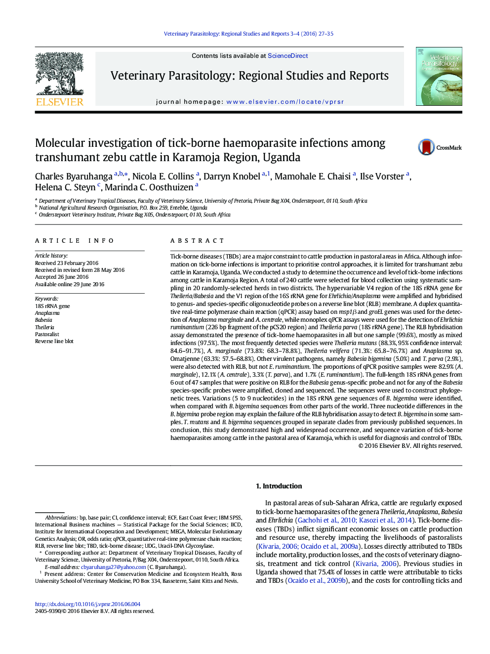 Molecular investigation of tick-borne haemoparasite infections among transhumant zebu cattle in Karamoja Region, Uganda