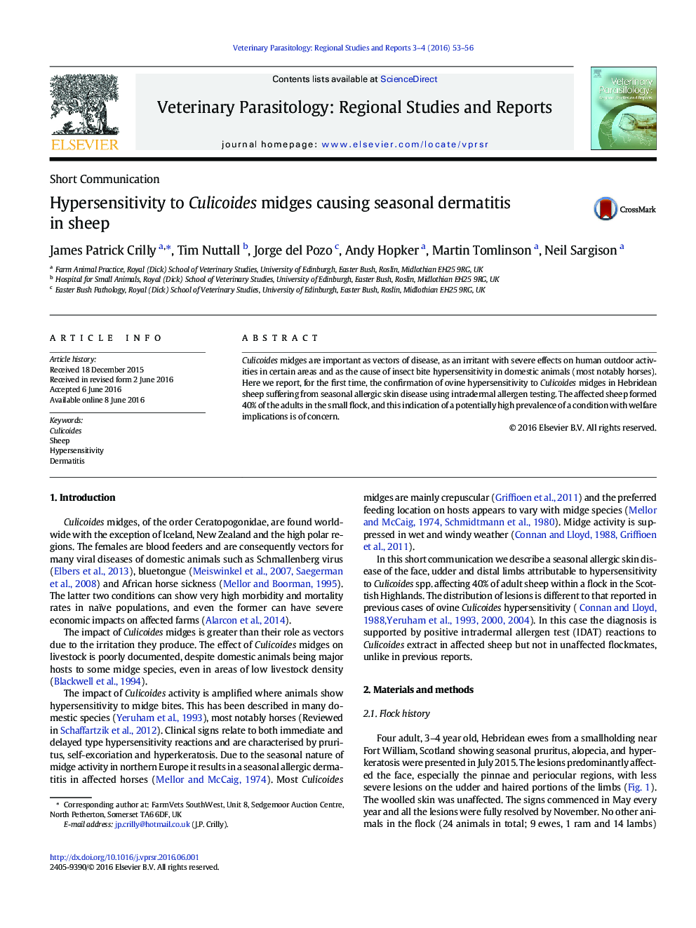 Hypersensitivity to Culicoides midges causing seasonal dermatitis in sheep