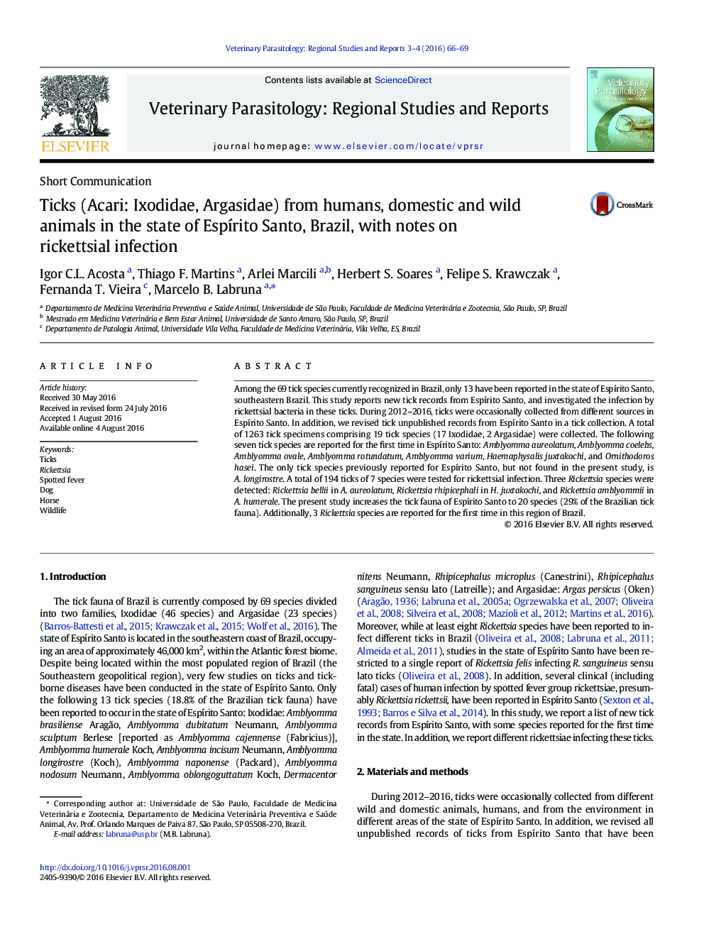 Ticks (Acari: Ixodidae, Argasidae) from humans, domestic and wild animals in the state of Espírito Santo, Brazil, with notes on rickettsial infection