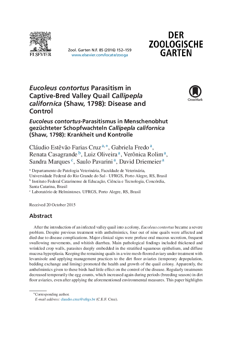 Eucoleus contortus Parasitism in Captive-Bred Valley Quail Callipepla californica (Shaw, 1798): Disease and Control