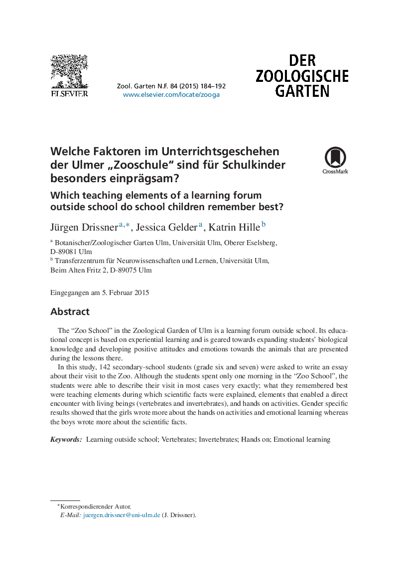 Welche Faktoren im Unterrichtsgeschehen der Ulmer „Zooschule“ sind für Schulkinder besonders einprägsam?