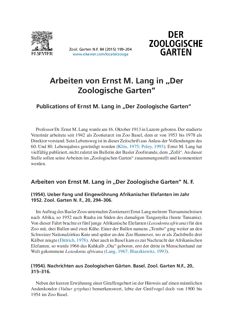 Arbeiten von Ernst M. Lang in âDer Zoologische Garten“