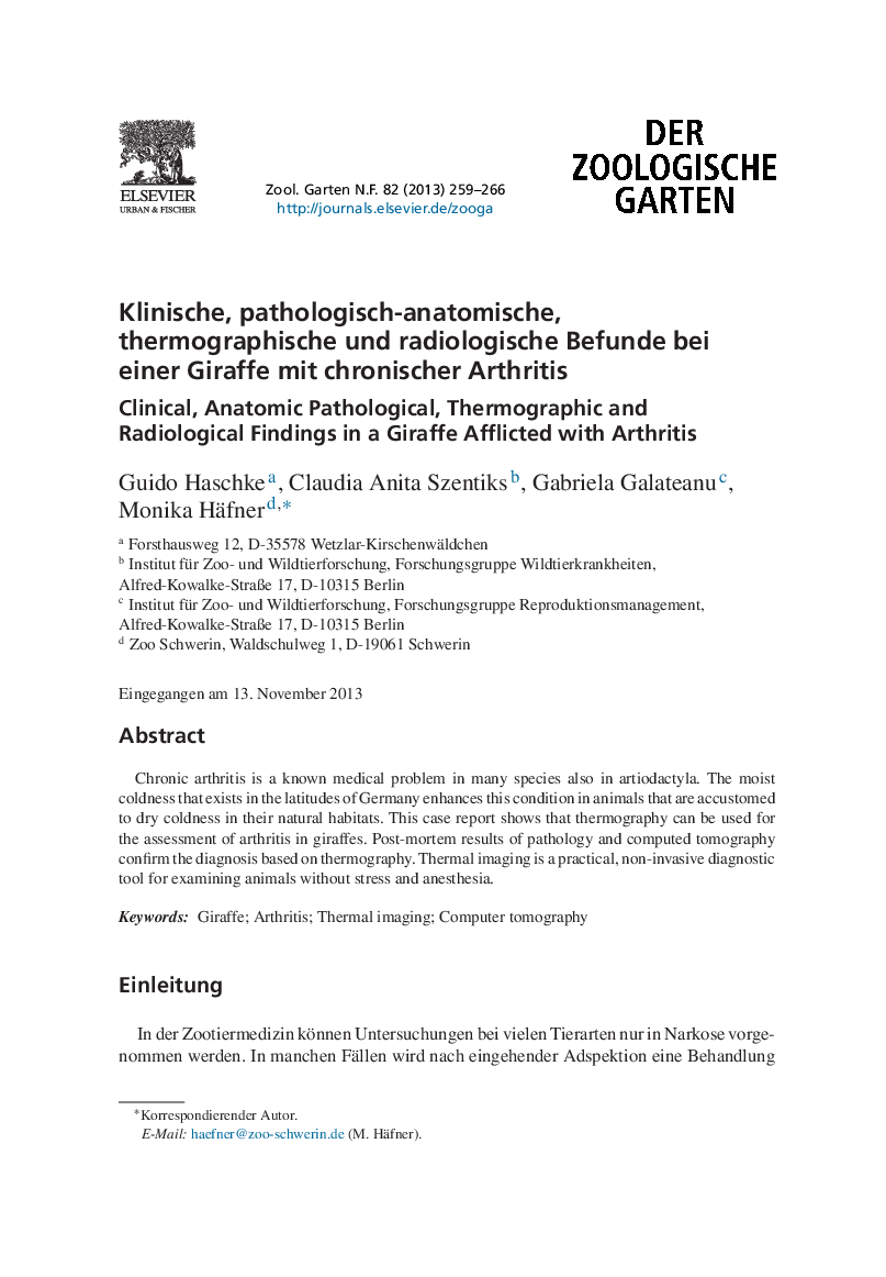 Klinische, pathologisch-anatomische, thermographische und radiologische Befunde bei einer Giraffe mit chronischer Arthritis