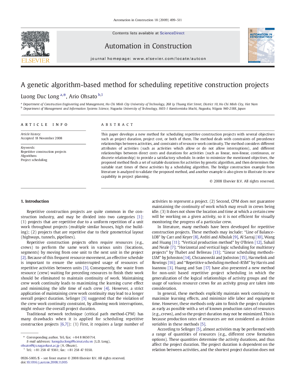 A genetic algorithm-based method for scheduling repetitive construction projects