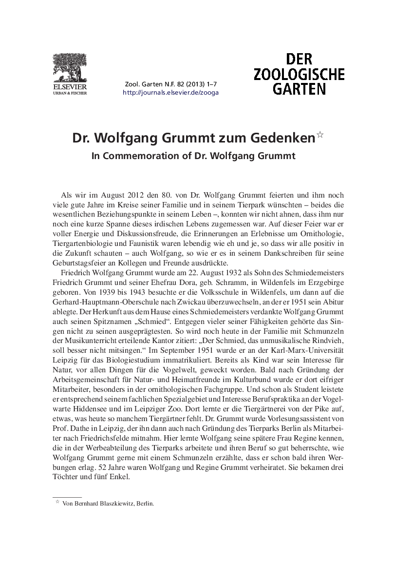 Dr. Wolfgang Grummt zum Gedenken