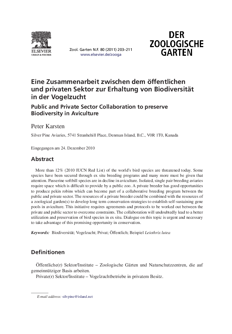 Eine Zusammenarbeit zwischen dem öffentlichen und privaten Sektor zur Erhaltung von Biodiversität in der Vogelzucht