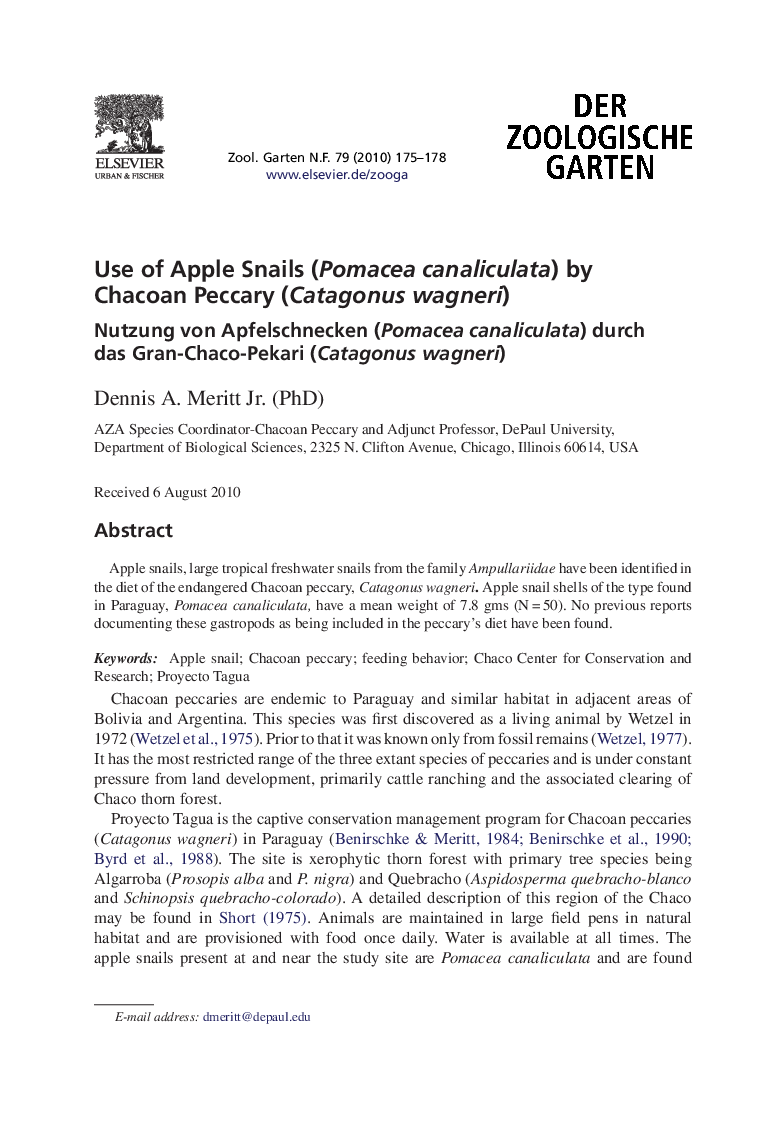 Use of Apple Snails (Pomacea canaliculata) by Chacoan Peccary (Catagonus wagneri)