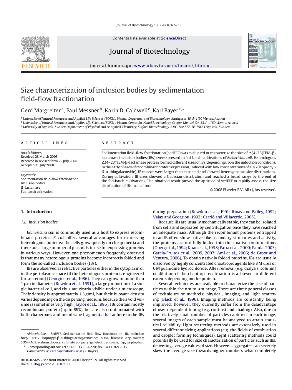 Size characterization of inclusion bodies by sedimentation field-flow fractionation