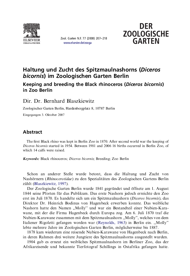 Haltung und Zucht des Spitzmaulnashorns (Diceros bicornis) im Zoologischen Garten Berlin
