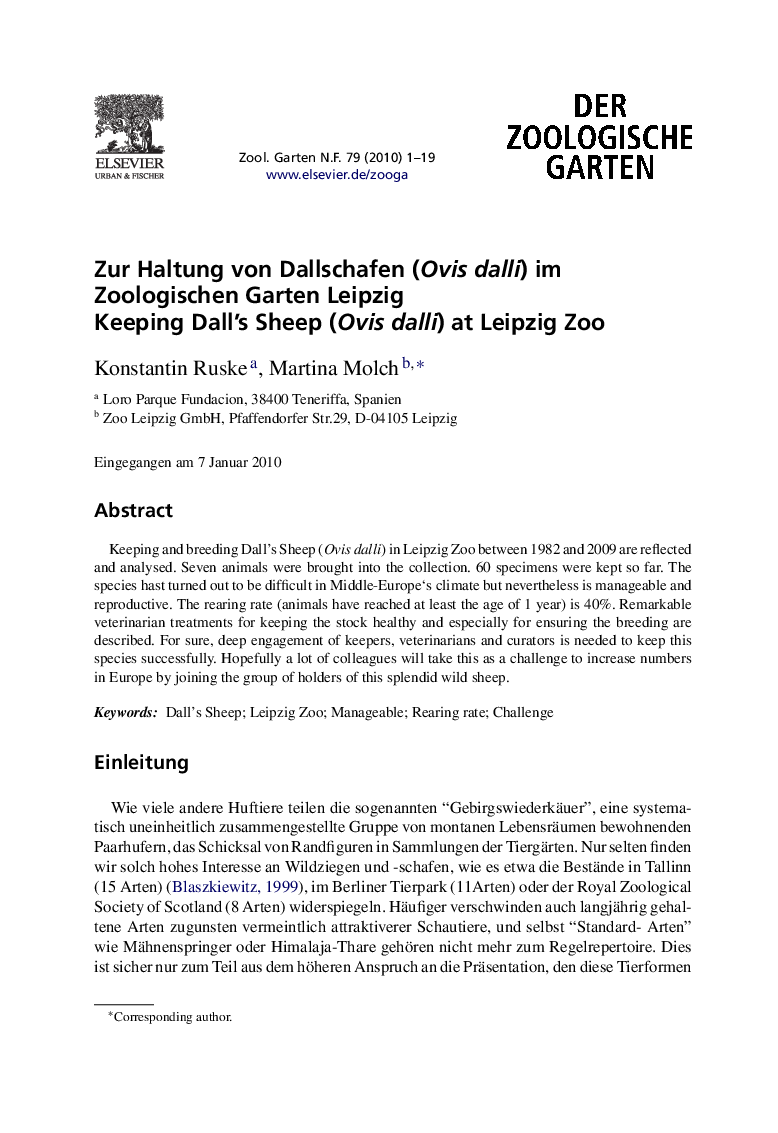 Zur Haltung von Dallschafen (Ovis dalli) im Zoologischen Garten Leipzig: Keeping Dall's Sheep (Ovis dalli) at Leipzig Zoo