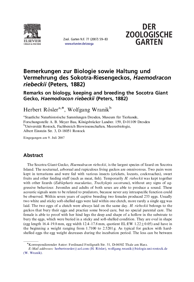 Bemerkungen zur Biologie sowie Haltung und Vermehrung des Sokotra-Riesengeckos, Haemodracon riebeckii (Peters, 1882)