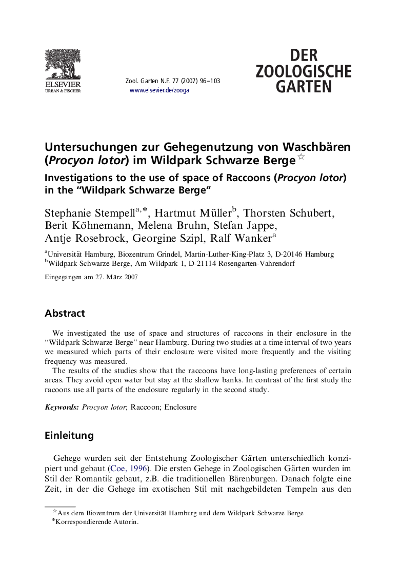 Untersuchungen zur Gehegenutzung von Waschbären (Procyon lotor) im Wildpark Schwarze Berge