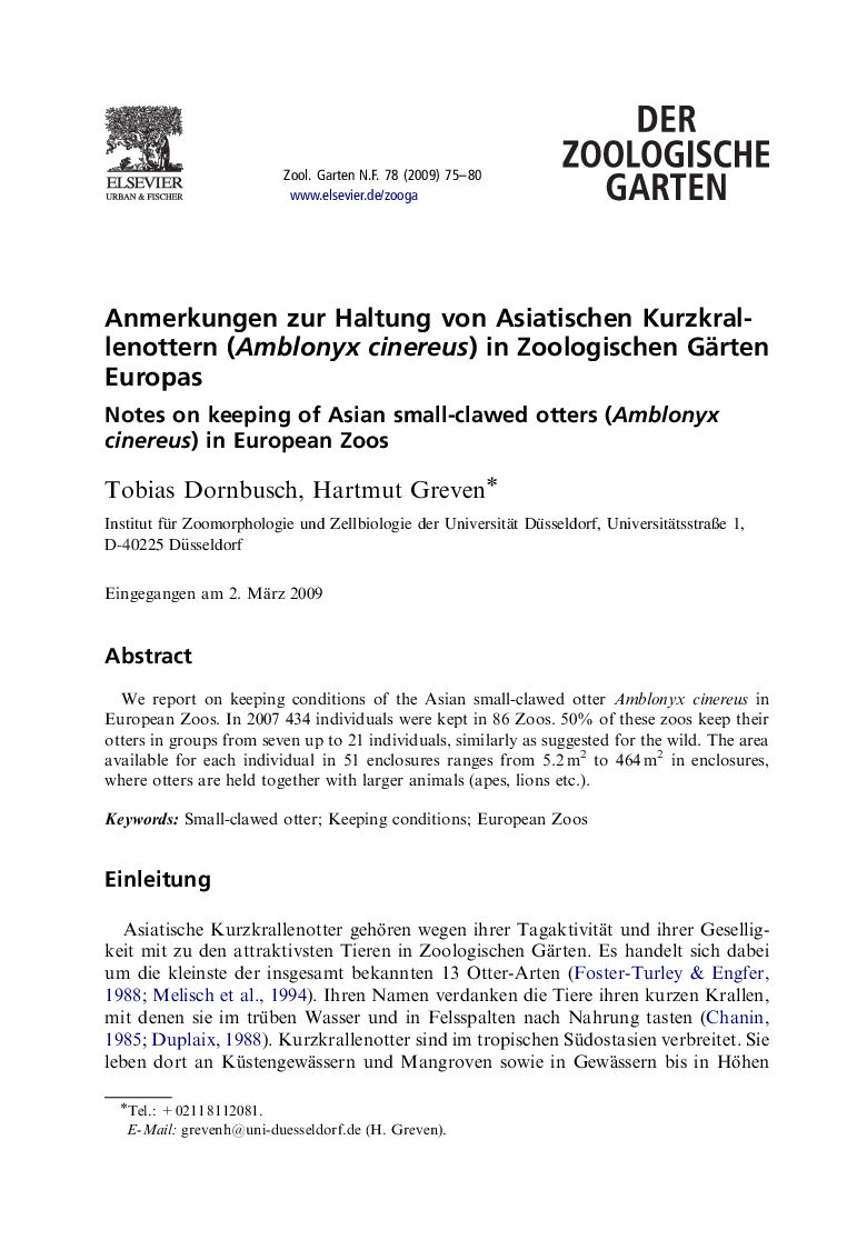 Anmerkungen zur Haltung von Asiatischen Kurzkrallenottern (Amblonyx cinereus) in Zoologischen Gärten Europas