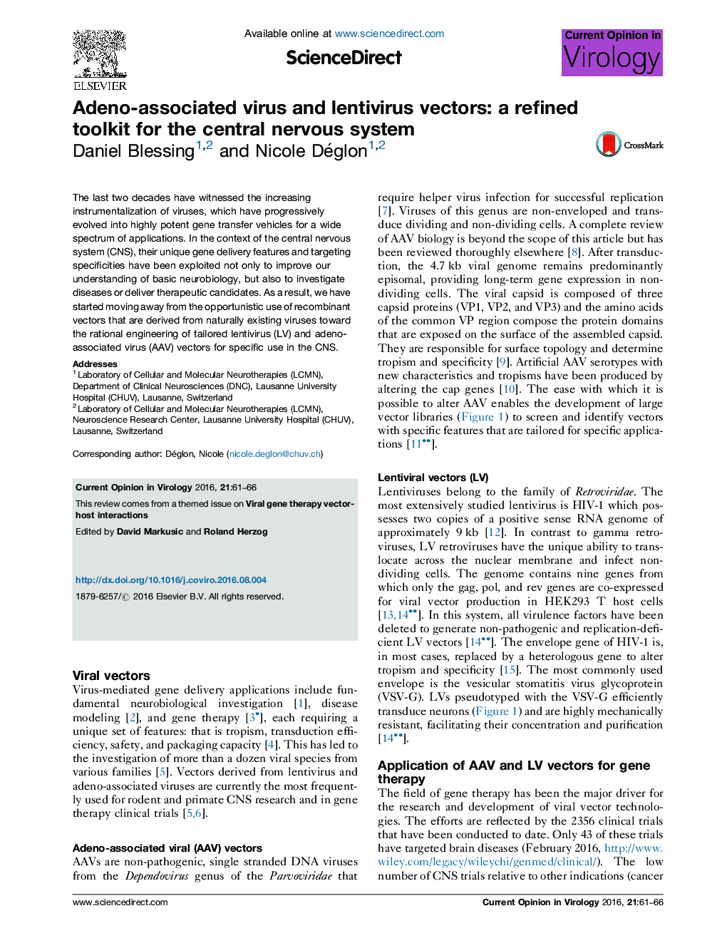 Adeno-associated virus and lentivirus vectors: a refined toolkit for the central nervous system