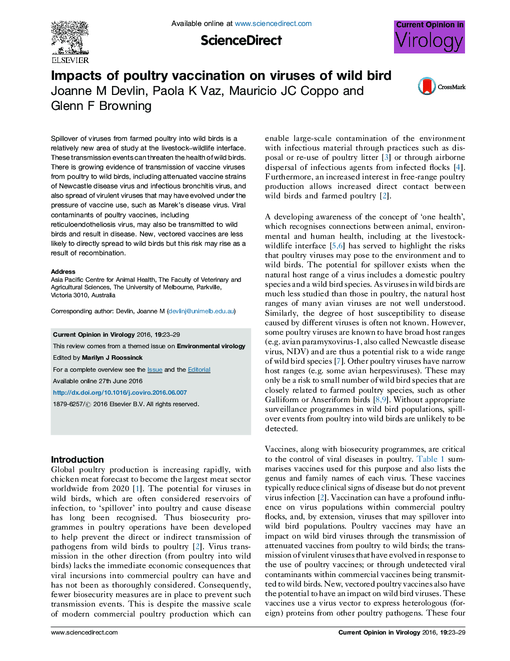 Impacts of poultry vaccination on viruses of wild bird