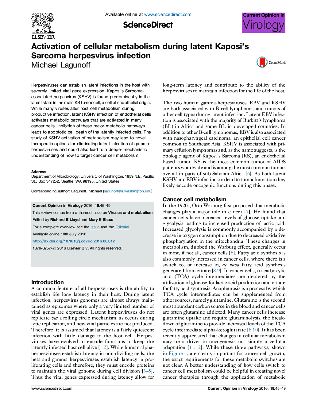 Activation of cellular metabolism during latent Kaposi's Sarcoma herpesvirus infection