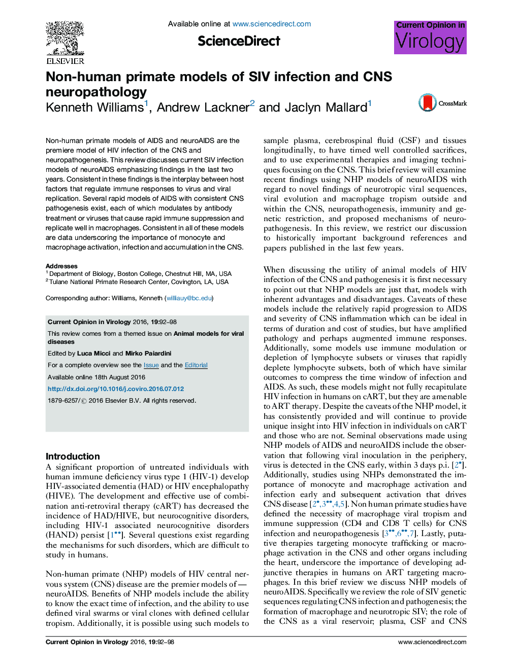 Non-human primate models of SIV infection and CNS neuropathology