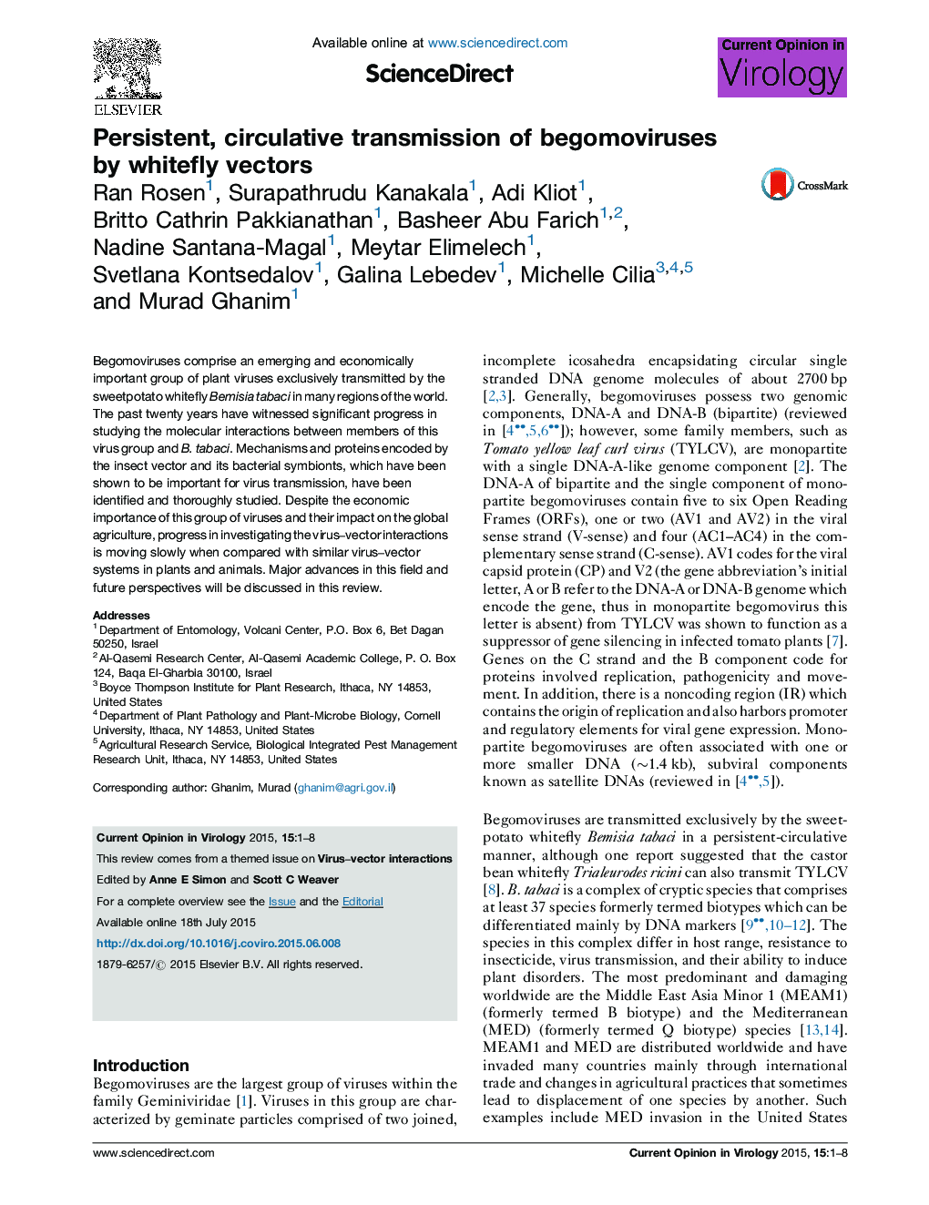 Persistent, circulative transmission of begomoviruses by whitefly vectors