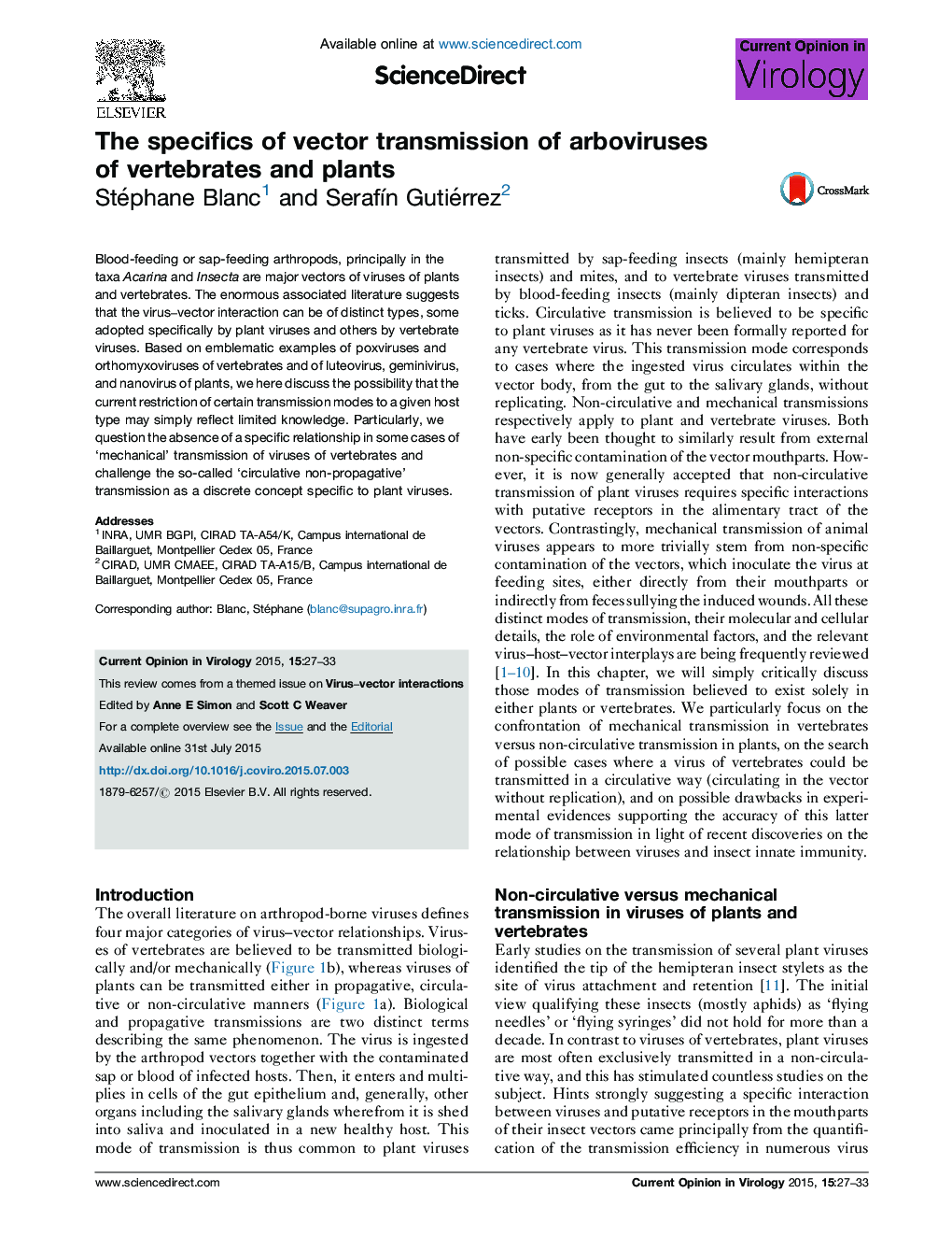 The specifics of vector transmission of arboviruses of vertebrates and plants