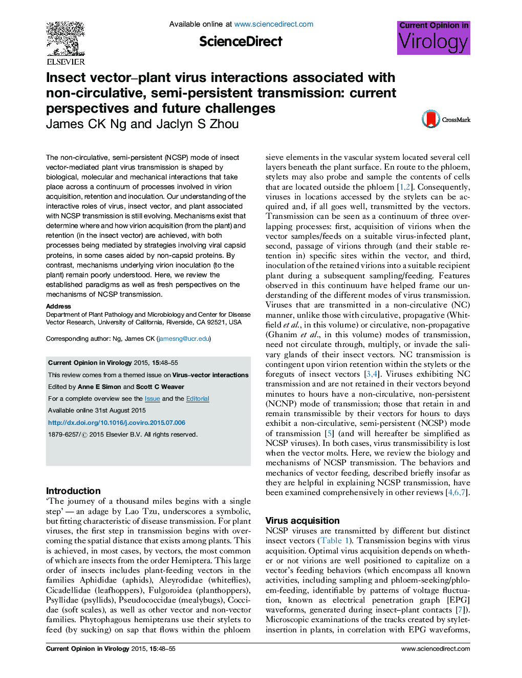 Insect vector–plant virus interactions associated with non-circulative, semi-persistent transmission: current perspectives and future challenges