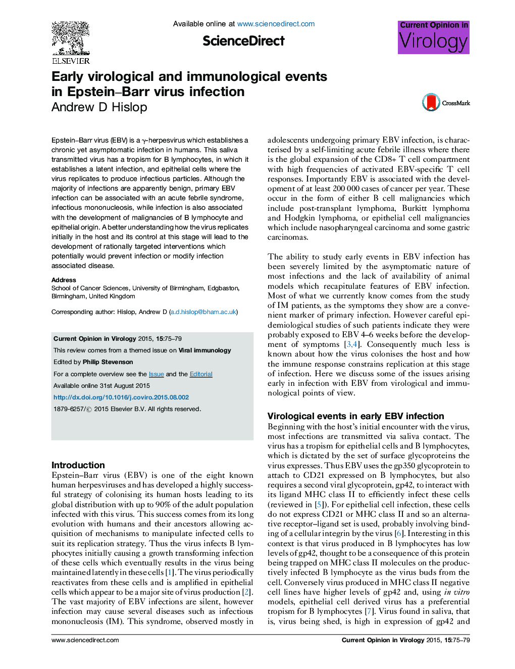 Early virological and immunological events in Epstein–Barr virus infection