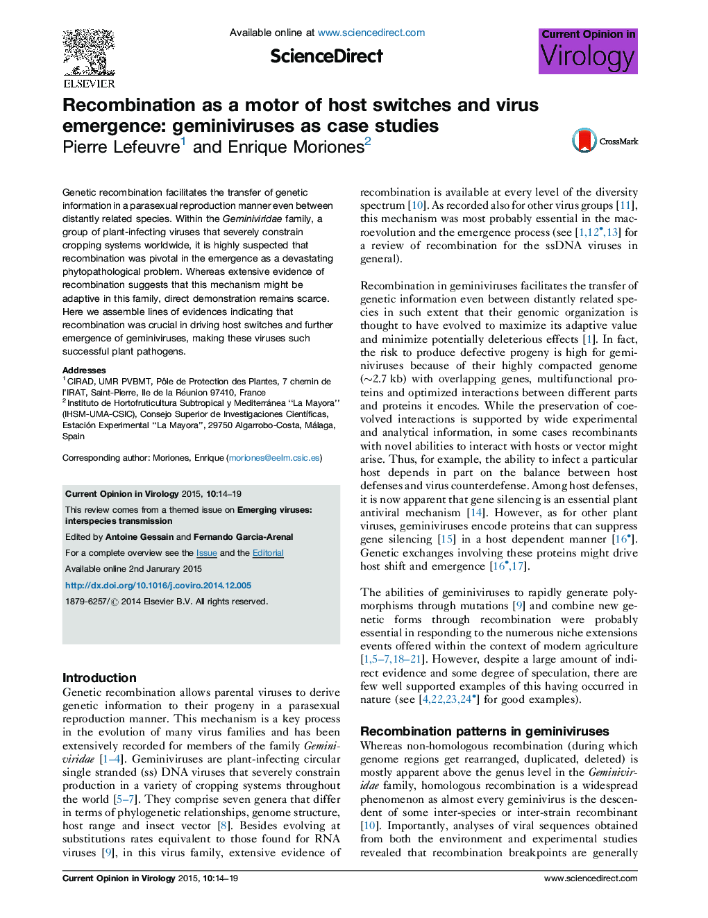 Recombination as a motor of host switches and virus emergence: geminiviruses as case studies