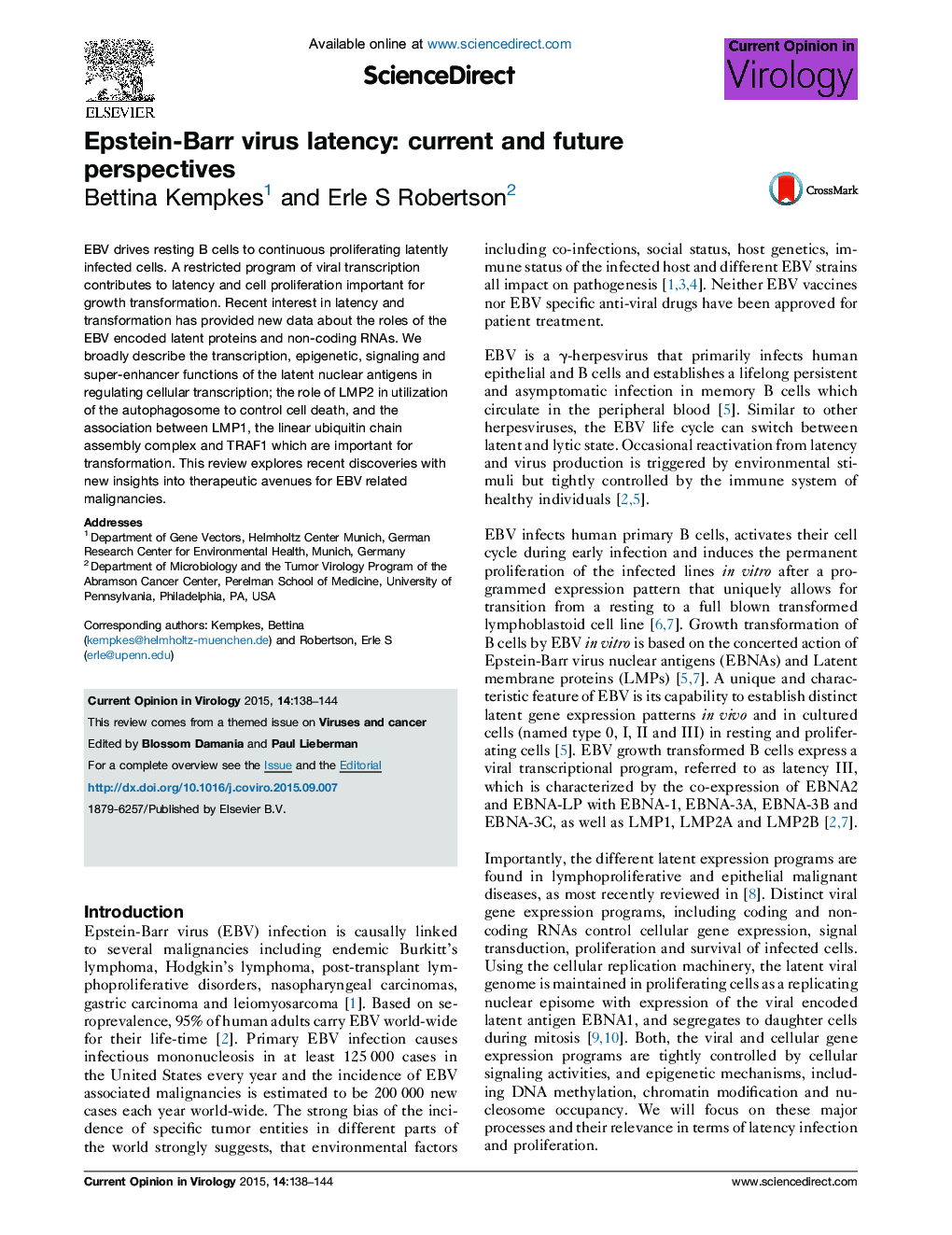 Epstein-Barr virus latency: current and future perspectives