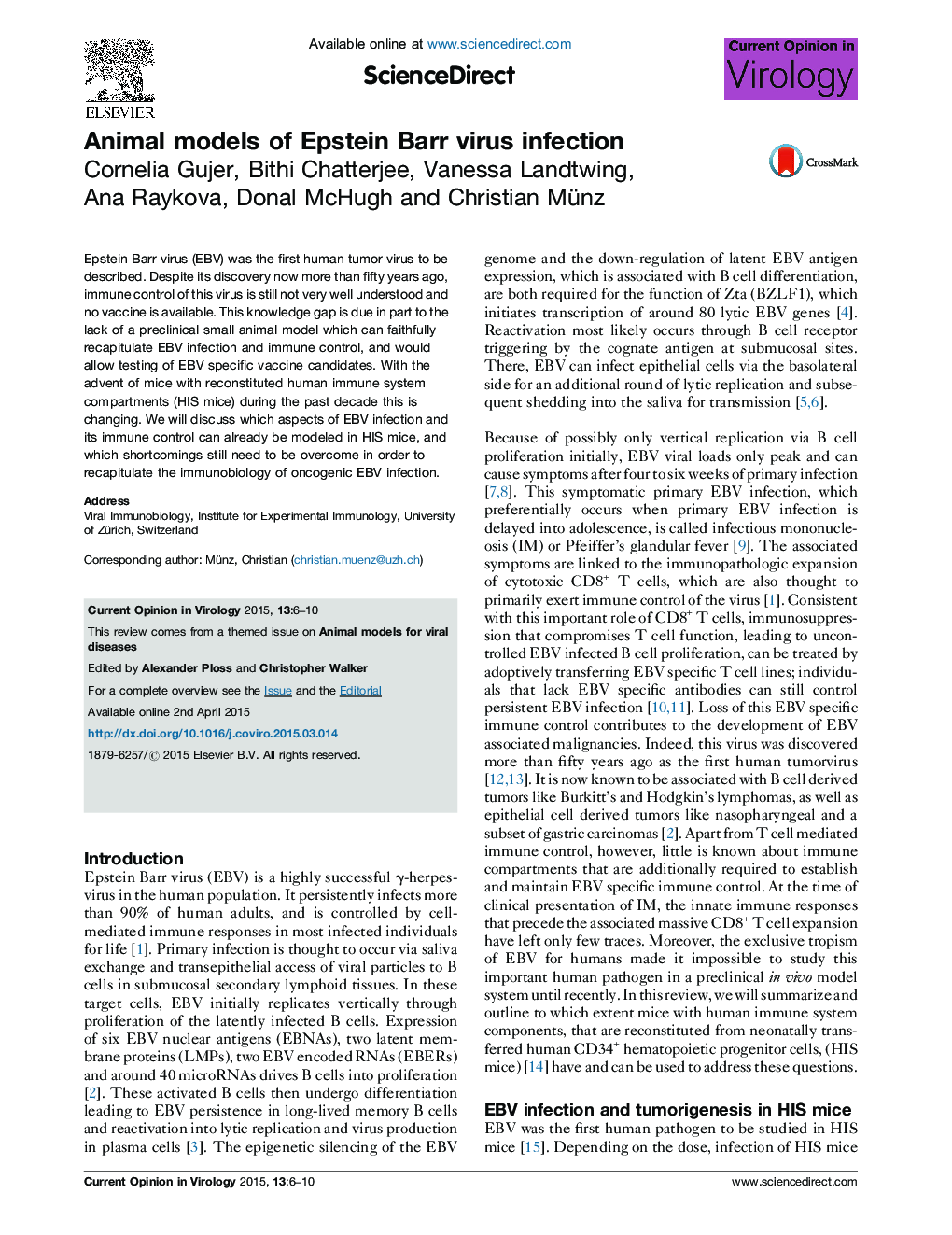 Animal models of Epstein Barr virus infection