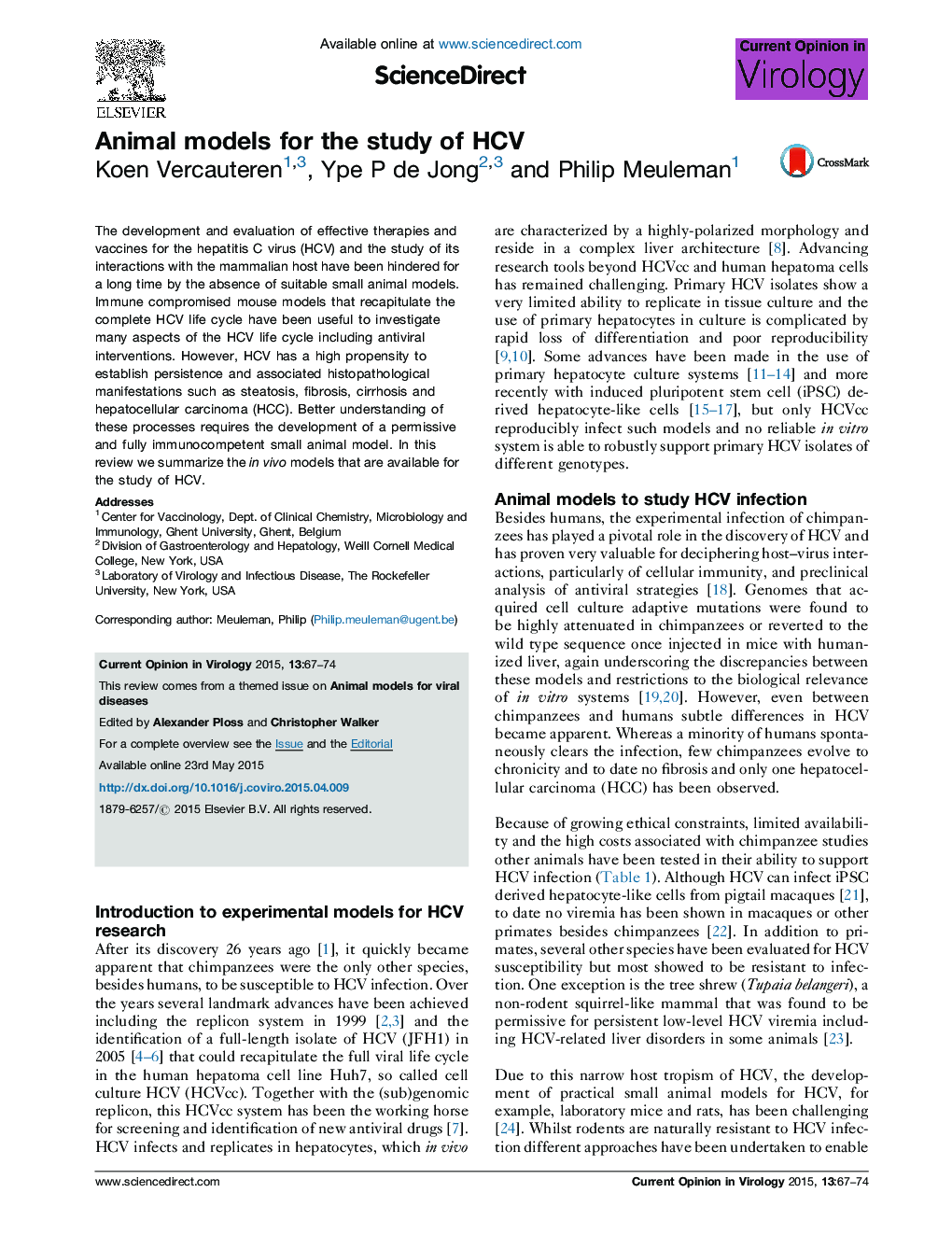 Animal models for the study of HCV