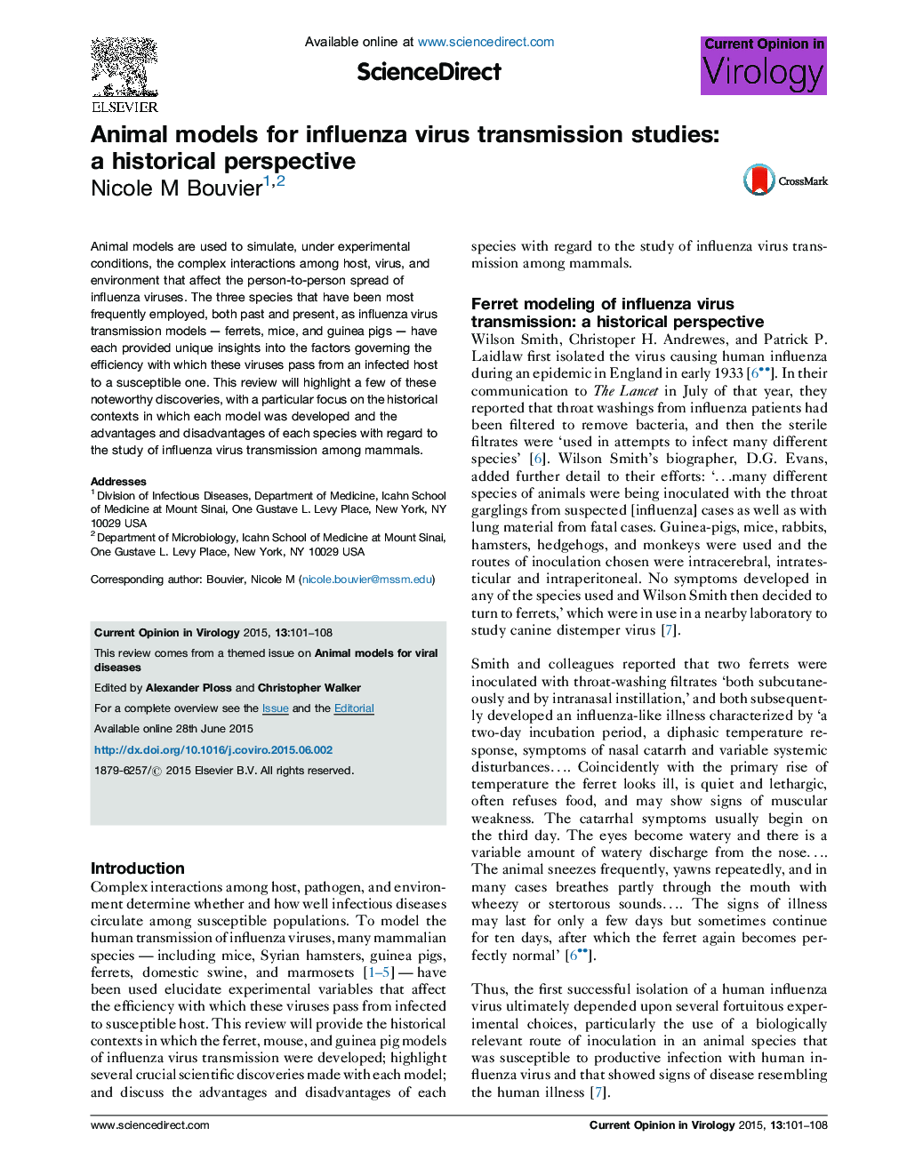 Animal models for influenza virus transmission studies: a historical perspective