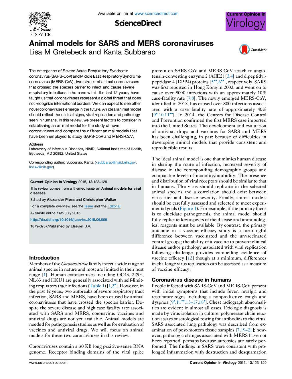 Animal models for SARS and MERS coronaviruses