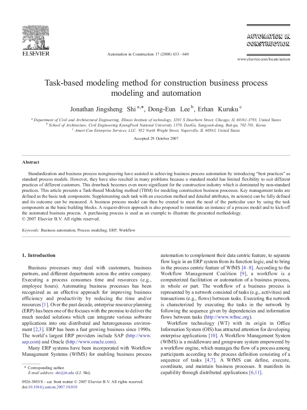 Task-based modeling method for construction business process modeling and automation