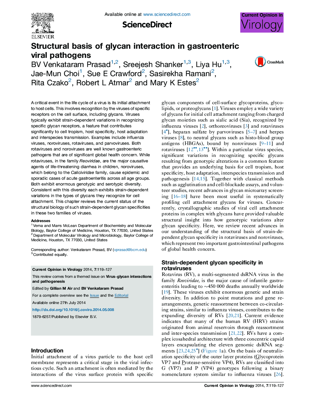 Structural basis of glycan interaction in gastroenteric viral pathogens