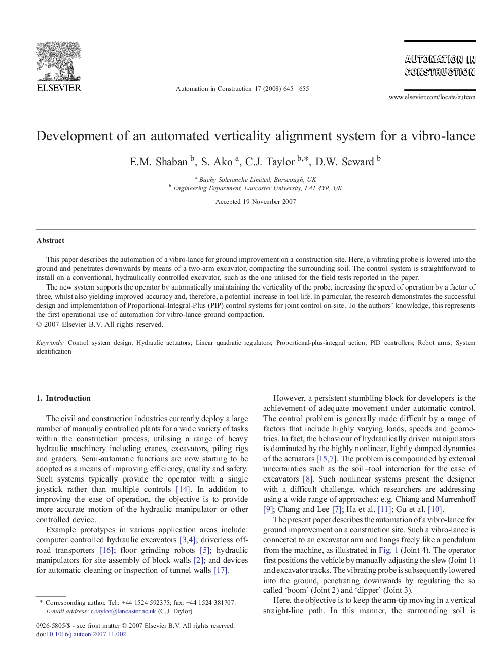 Development of an automated verticality alignment system for a vibro-lance