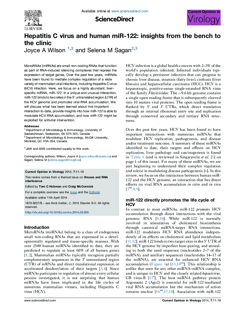 Hepatitis C virus and human miR-122: insights from the bench to the clinic