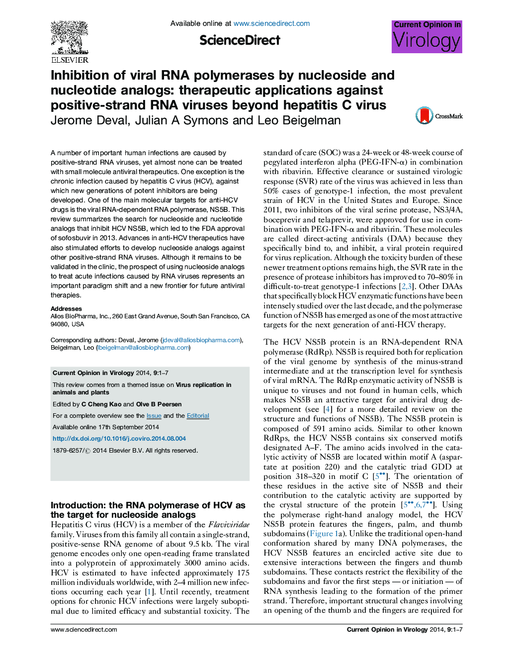 Inhibition of viral RNA polymerases by nucleoside and nucleotide analogs: therapeutic applications against positive-strand RNA viruses beyond hepatitis C virus